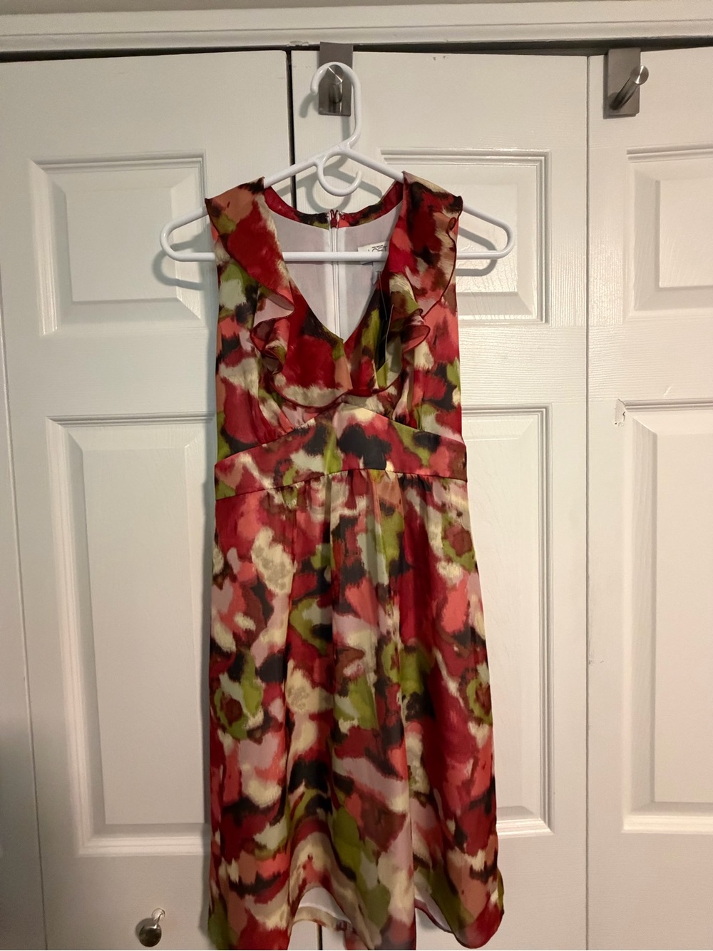 LOFT Petites Sleeveless Abstract Floral Dress in Red, Olive & Cream